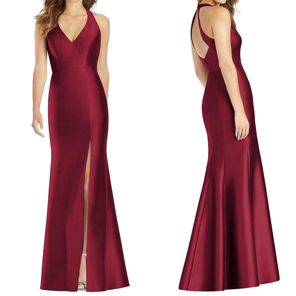 NEW D761 ALFRED SUNG Burgundy V-NECK HALTER Satin BRIDESMAID Trumpet SLIT GOWN 6